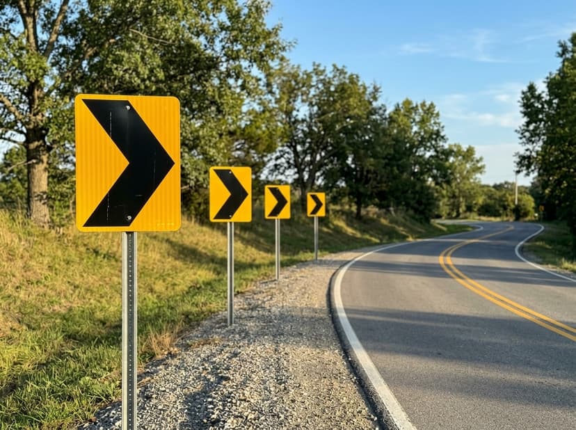 Warns Of Sharp Turn Or Curve In Direction Of Arrow